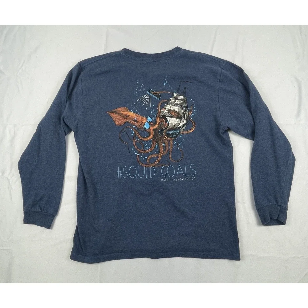 MARCO ISLAND FLORIDA SQUID GOALS LONG SLEEVE GRAPHIC T SHIRT BLUE ADULT MEDIUM